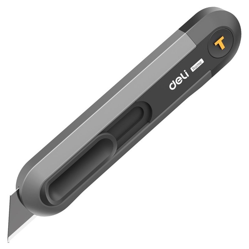 Технический нож "Home Series Black" Deli HT4008  Т-образное лезвие с механизмом автоматического возврата, эксклюзивный дизайн, корпус из высококачественного софттач пластика