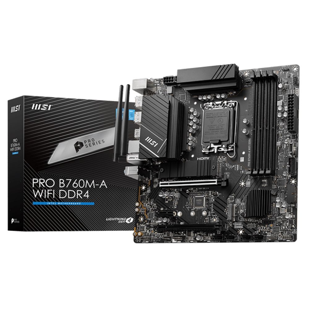 Материнская плата MSI PRO B760M-A WIFI DDR4 B760, LGA1700, 4*DDR4, 2*PCIEx16, 1*PCIEx1, 2*M.2, 1*TypeC, 2*USB3.2Gen2, 6*USB3.2Gen1, 6*USB2.0, 4*SATA3.0, 2.5G, 2*DP, 2*HDMI, M-ATX, RTL