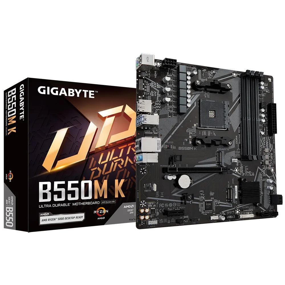 Материнская плата Gigabyte B550M K, Socket AM4, AMD B550, 4xDDR4-3200, HDMI+DP, 1xPCI-Ex16, 1xPCI-Ex1, 4xSATA3(RAID 0/1/10), 2xM.2, 8 Ch Audio, GLan, (4+2)xUSB2.0, (4+2)xUSB3.2, 1xPS/2, mATX, RTL {10}