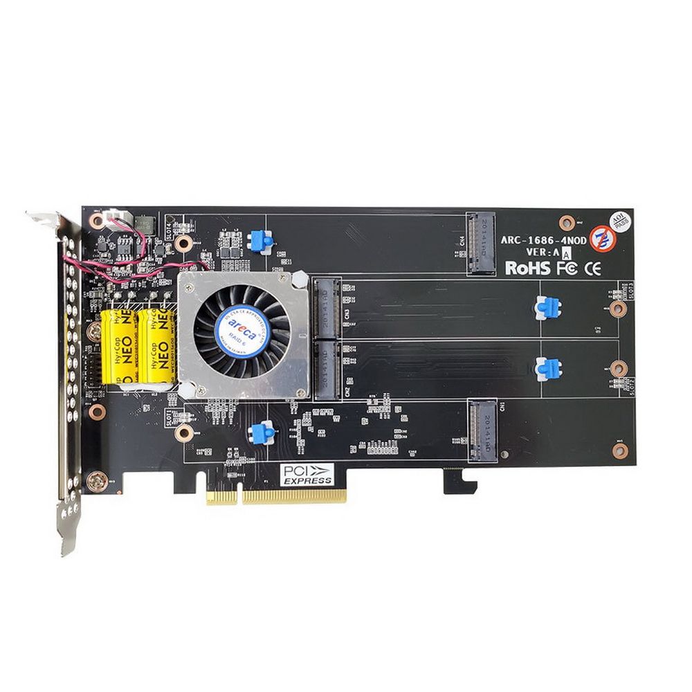 RAID-контроллер Areca ARC-1686-4NOD PCIe 4.0 x8  Full Height, 4 x M.2 Connector, Tri-mode interface at each M.2 bays - 12Gb/s SAS/SATA / Gen 4.0 PCIe (NVMe), RAID 0,1,10,JBOD, Hold-up Supercapacitor Onboard, RTL