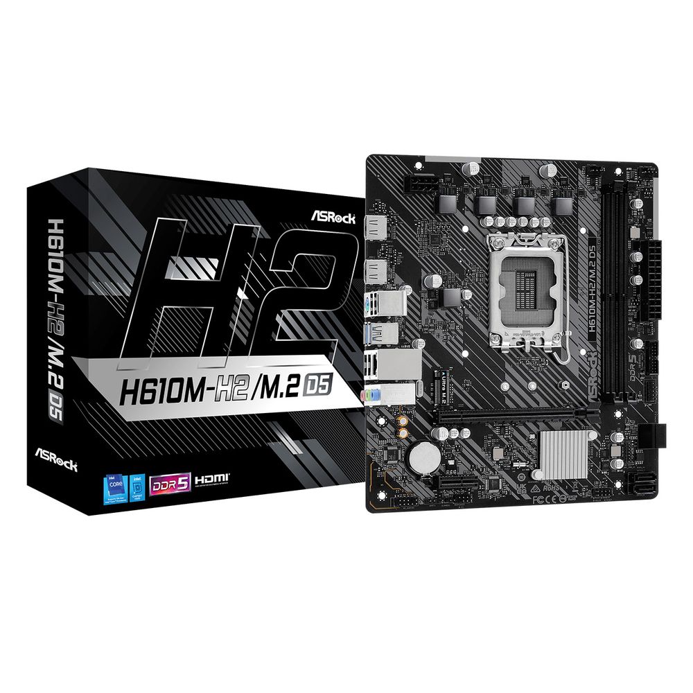 Материнская плата ASRock H610M-H2/M.2 D5, Socket 1700, Intel®H610, 2xDDR5-4800, HDMI+HDMI, 1xPCI-Ex16, 1xPCI-Ex1, 4xSATA3, 1xM.2, 8Ch Audio, GLan, (4+2)xUSB2.0, (2+2)xUSB3.2, 1xPS/2, mATX, RTL