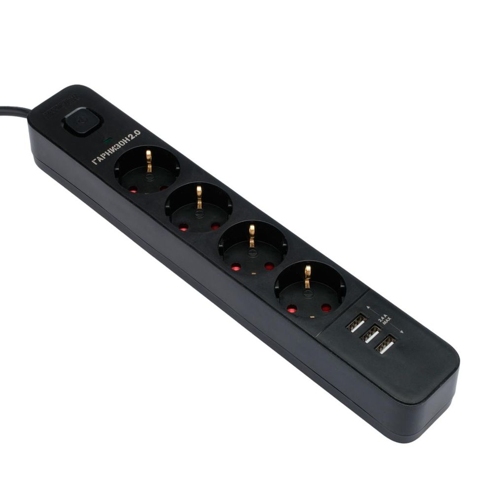 Сетевой фильтр Гарнизон EPS-4-U3-B-2 черный, 4 розетки 220В, 10А, 3 розетки USB-A 5В, кабель 2м, ур.защиты 2+, пакет