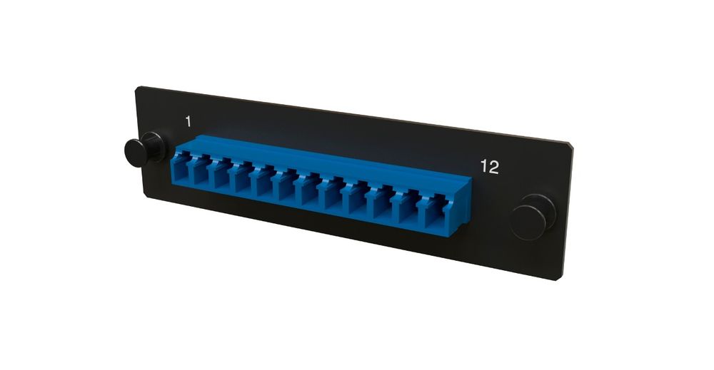 Панель Hyperline FO-FPM-W120H32-12LC-BL Панель для FO-19BX с 12 LC адаптерами, 12 волокон, одномод OS1/OS2, 120x32 мм, адаптеры цвета синий (blue)