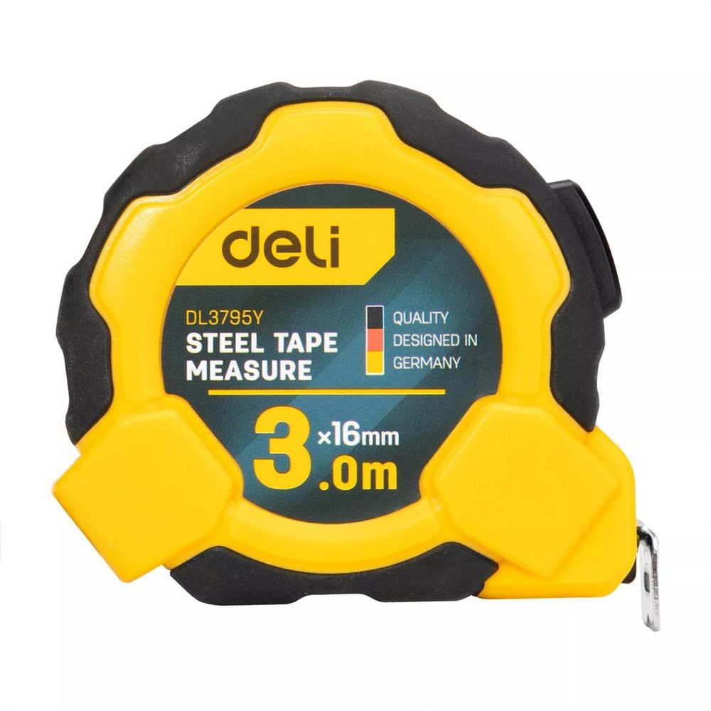 Рулетка Deli DL3795  3м*16мм, Автостоп, ударопрочный корпус, метрическая