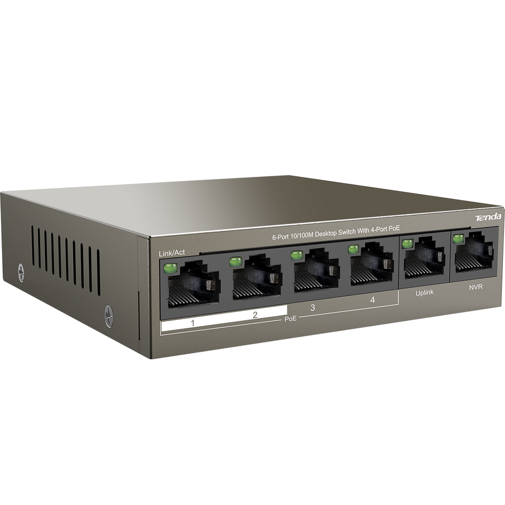 Коммутатор Tenda TEF1106P-4-63W Коммутатор неуправляемый PoE, 6 портов 6x100 Мбит/с, PoE 4х30 Вт, настольный
