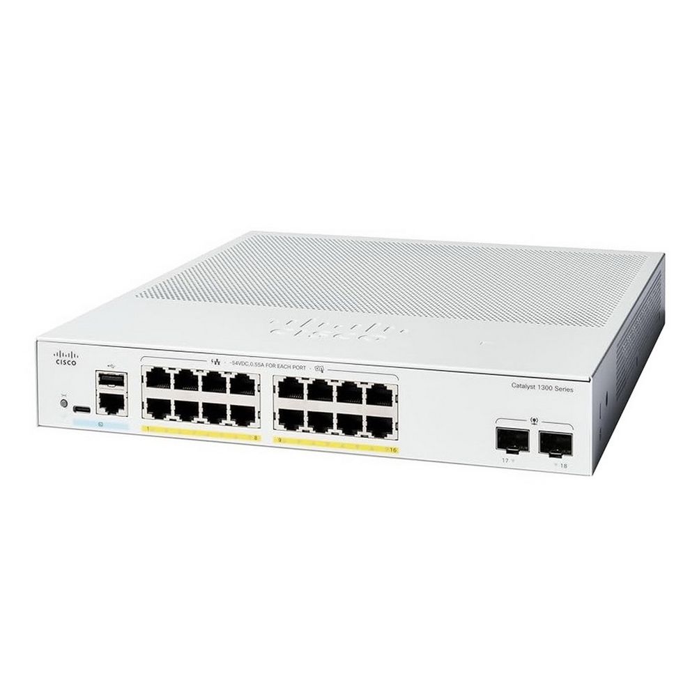 Коммутатор CISCO Catalyst 1300 16x 10/100/1000 RJ-45 PoE+, 2x 1Gb SFP uplinks, PoE+ 120W, Fanless, C1300-16P-2G