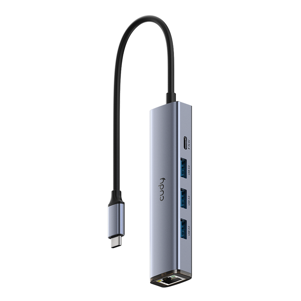 Концентратор CUDY  UH605  5-IN-1 USB Hub with GbE 5-IN-1 USB Hub, Aluminium housing,1 USB-C 3.0 5Gbps male connecter with 25cm cable, 1 Gigabit Ethernet port, 3 USB-A 3.0 5Gbps Port, 1 USB-C power input Ports(5V/2A max),  compatible with MacBook, Mac Pro, Mac mini, iMac, Surface Pro, XPS, Flash Drive, Mob