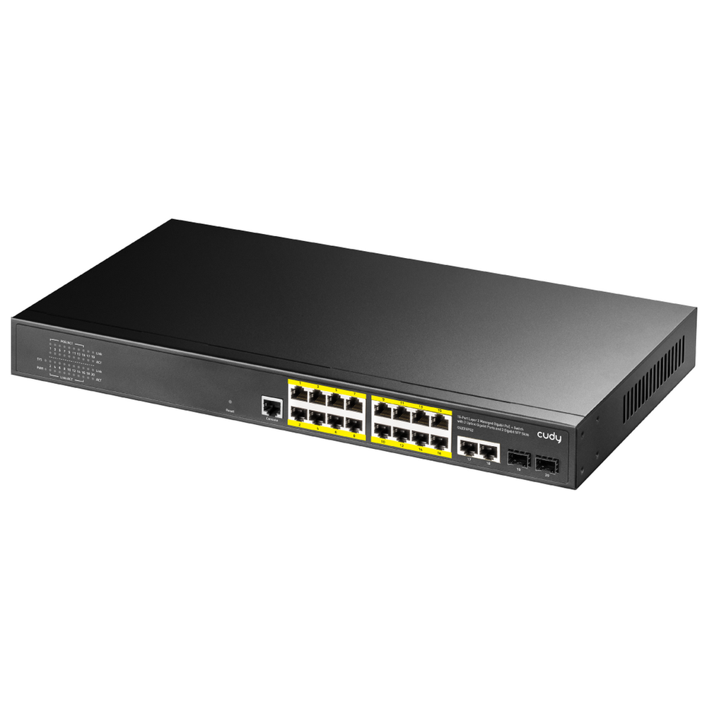 Коммутатор CUDY 16-Port Layer 2 Managed Gigabit PoE+ Switch with 2 Uplink Gigabit Ports and 2 Gigabit SFP Slots  200 Layer 2 Managed 18 Ports 10/100/1000M  PoE Switch,1-16 Port support POE(802.3at/af) ,with 2 Uplink Gigabit ports + 2 Gigabit SFP ports + 1 Managed Port, IEEE 802.3af/at Standard, Each Port Max support 30W,Support QOS, STP/RSTP/MSTP、IGMP、SNMP、WEB、VLAN、Ether