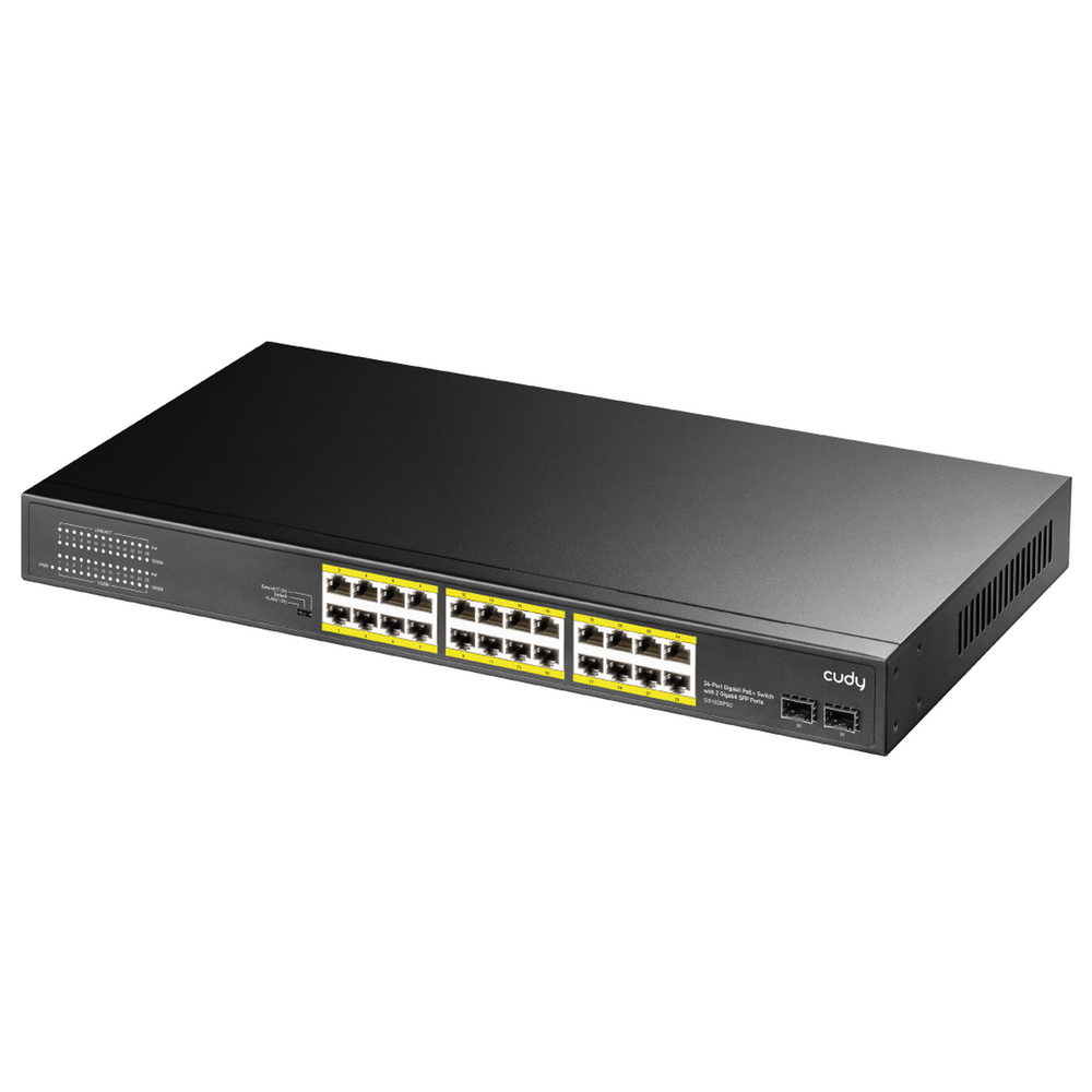 Коммутатор CUDY 24-Port Gigabit PoE+ Switch with 2 SFP ports 300W 24-10/100/1000 BASE-T Gigabit ports, 19-inch, 2-1000 BASE-X SFP Slot, 24-port IEEE 802.3at PoE+ Injector, Supports PoE power up to 30W for each PoE port,  CCTV Mode (Transmit distance up to 250m at 10 Mbps ), VLAN Isolation (Port-1 to Port-24), Port Lightn