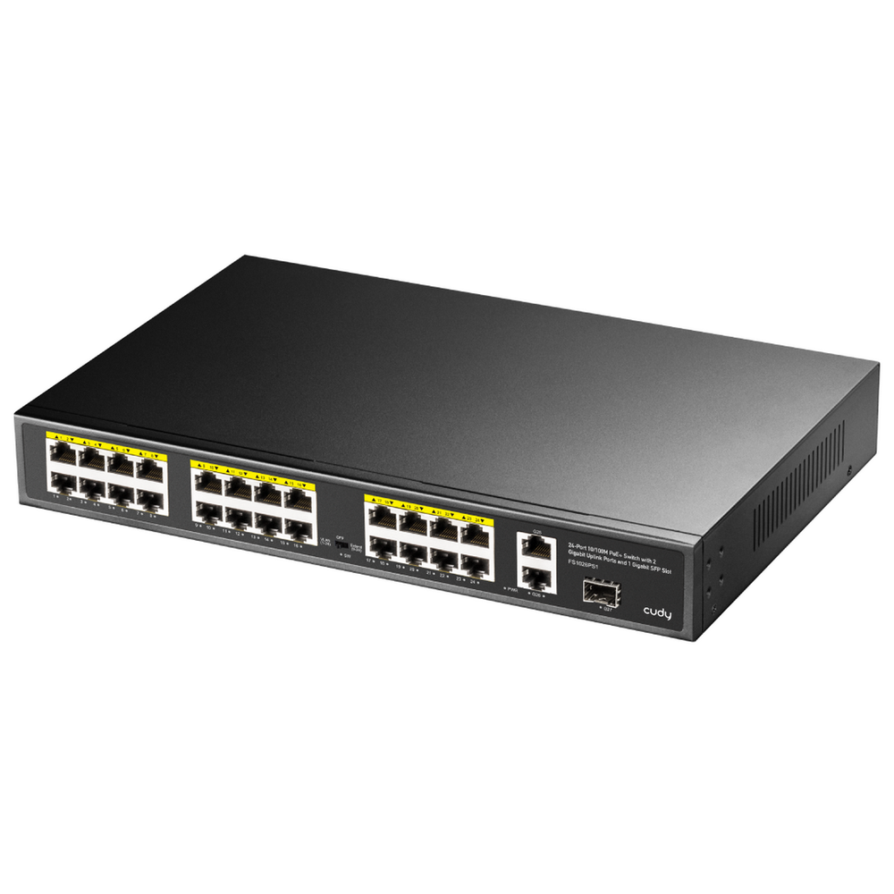 Коммутатор CUDY 24-Port 10/100M PoE+ Switch with 2 Gigabit Port+ 1SFP 300W 24-Port 10/100M PSE RJ-45 +2 Gigabit RJ- 45 +1SFP Port with 24 POE Ports Switch with Built-in power supply, support 16-port IEEE 802.3at PoE+ Injector, Rack-mountable Steel case, 300W Internal