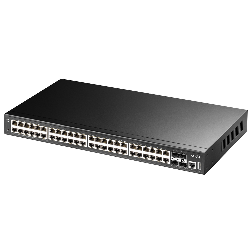 Коммутатор CUDY 48-Port Layer 3 Managed Gigabit Switch with 4 10G SFP Slots 48-Port Layer 3 Managed Gigabit Switch,48 Gigabit Ethernet ports + 4 10 Gigabit uplink SFP optical ports + 1 USB serial port + 1 console port, backplane bandwidth 176Gbps, three-layer network management function, support routing, DHCP, VLAN, MAC address, A