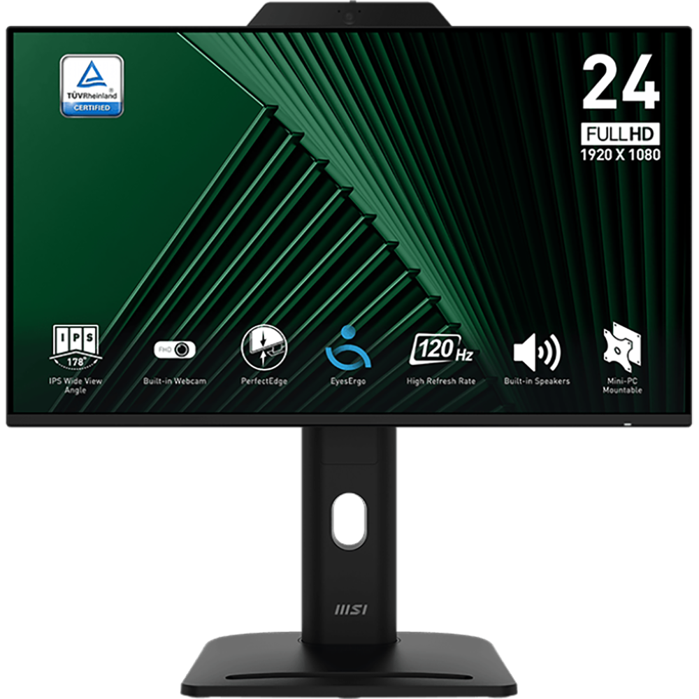 Монитор 23.8" MSI PRO MP242PMG  IPS, 1920x1080, 120Hz, 4ms, 300сd/m, 1500:1, HDR | VGA, HDMI(1.4b), DP(1.2a), 2xUSB2.0 | HAS, Pivot, Swivel, InPSU, Speakers, Cam, Vesa 100, Black
