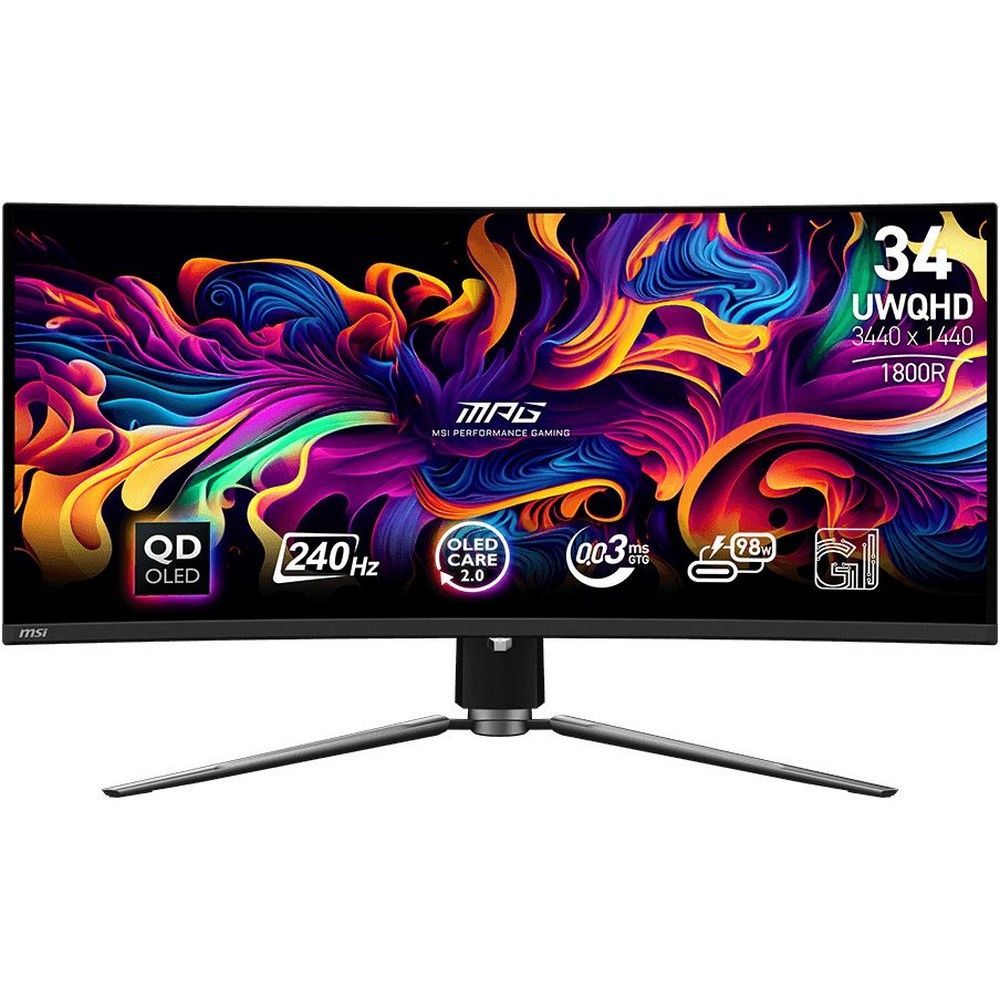 Монитор 34" MSI MPG 341CQPX QD-OLED Curved QD-OLED, 3440x1440, 240Hz, 0,03ms, 250сd/m, 1500000:1, HDR10 | 2xHDMI(2.1), DP(1.4a), Type-C(PD-98W), 2xUSB2.0 | HAS, Swivel, InPSU, Vesa 100, Black