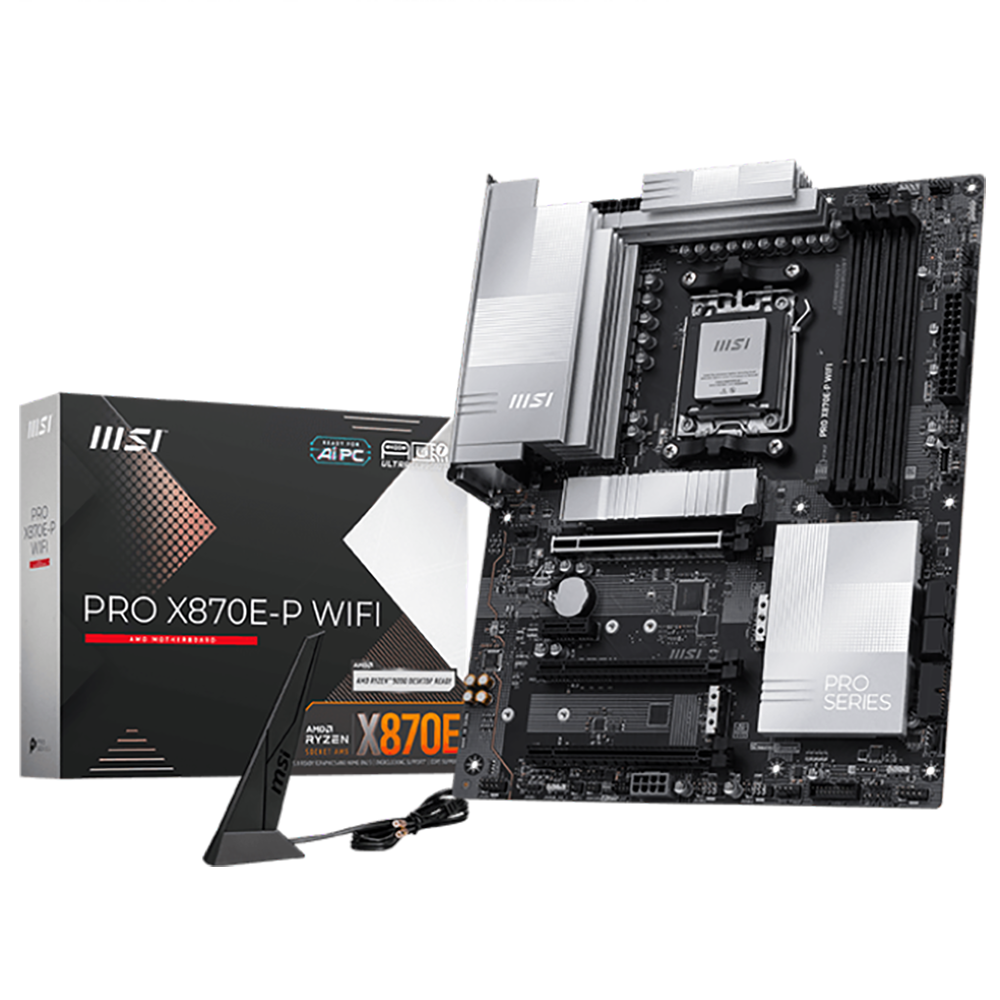 Материнская плата MSI PRO X870E-P WIFI X870E, AM5, 4*DDR5, 3*PCIEx16, 1*PCIEx1, 3*M.2, 2*TypeC, 2*USB3.2Gen2, 6*USB3.2Gen1, 10*USB2.0, 4*SATA3.0, 5G, Type-C(DP), HDMI, ATX, RTL
