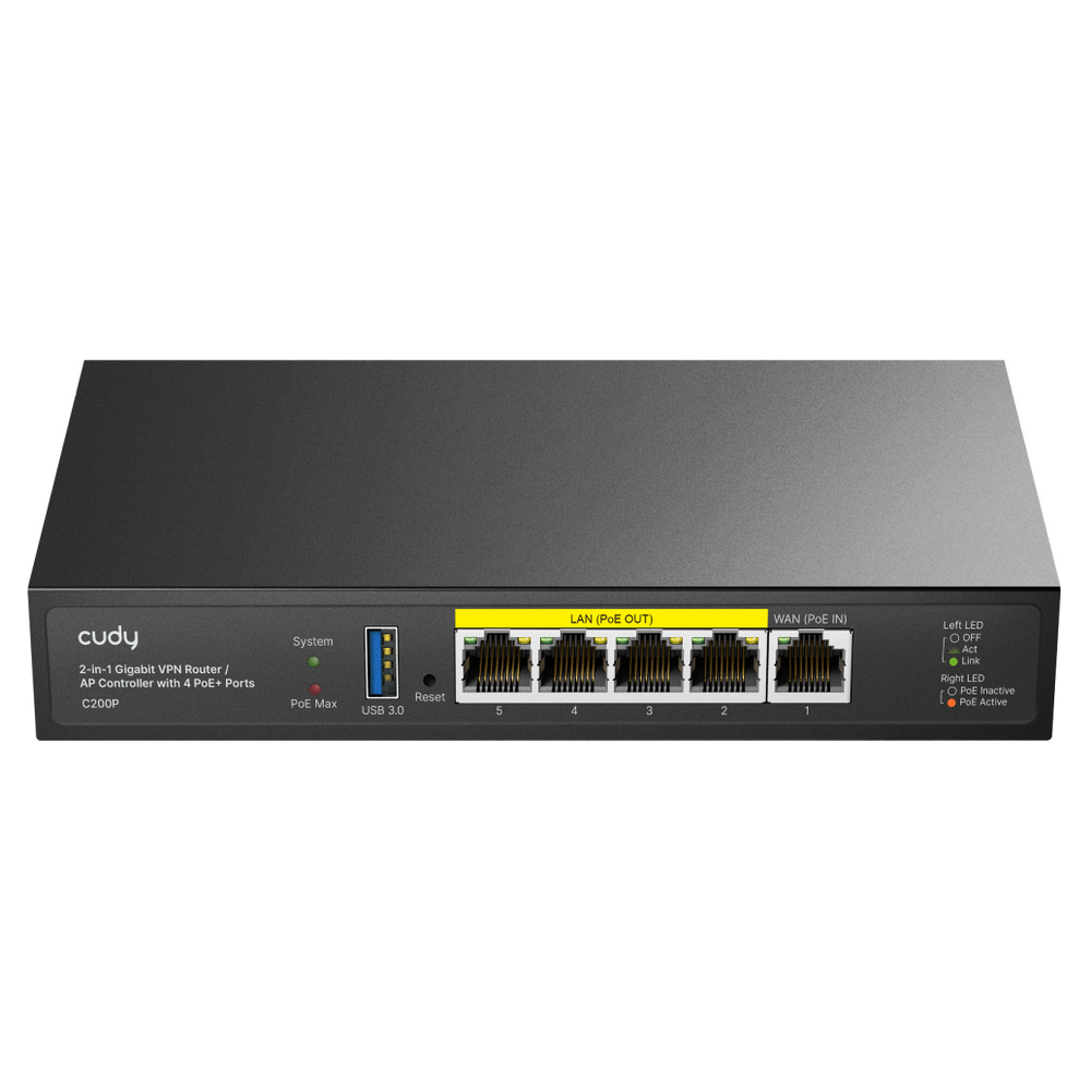 Маршрутизатор CUDY C200P 2-IN-1 SMB Router / AP Controller, 1 Gigabit Ethernet + 4 Gigabit PoE+ PSE Ports + 1 USB 3.0, PSE output up to 30Watts per port, support AP Management, Multi-SSID, Captive Portal, Zerotier/Wireguard/OpenVPN/IPSec/L2TP/PPTP VPN, DNS over Cloudflare/Google/Quad9, Cudy Mesh Support