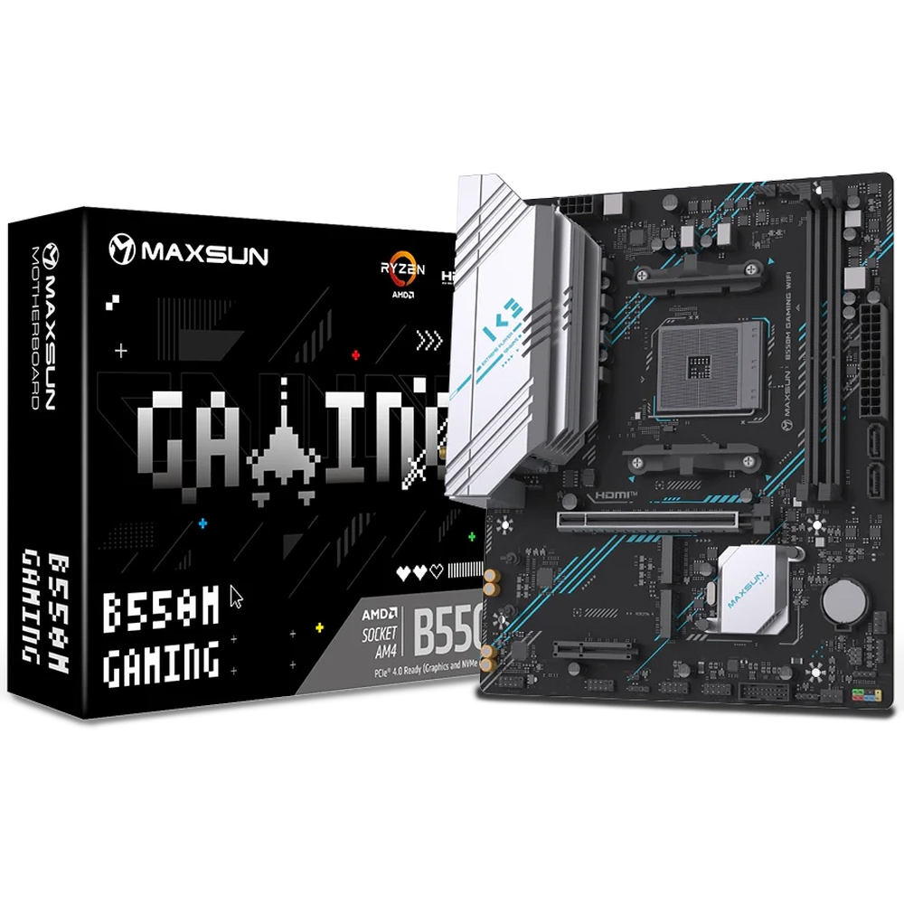 Материнская плата Maxsun MS-B550M GAMING WIFI B550, AM4, 2*DDR4, 1*PCIEx16, 1*PCIEx4, 1*PCIEx1, 2*M.2, 4*USB3.2Gen1, 6*USB2.0, 2*SATA3.0, 1G, DP, HDMI, M-ATX, RTL