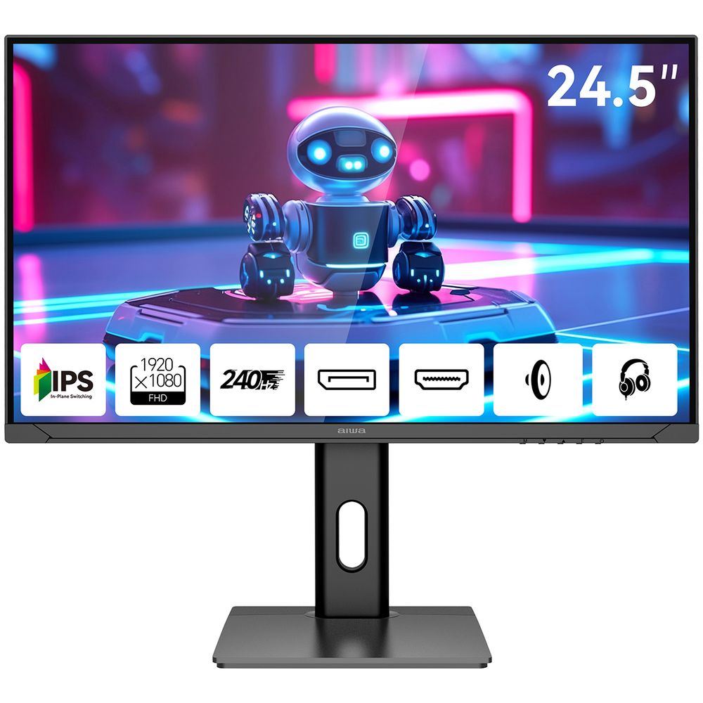 Монитор 24.5" AIWA MD2510  IPS, 1920x1080, 240Hz, 1ms, 350сd/m, 1000:1, HDR | 2xHDMI(2.0), 2xDP(1.2) | HAS, Pivot, Swivel, ExPSU, Speakers, Vesa 75, Black
