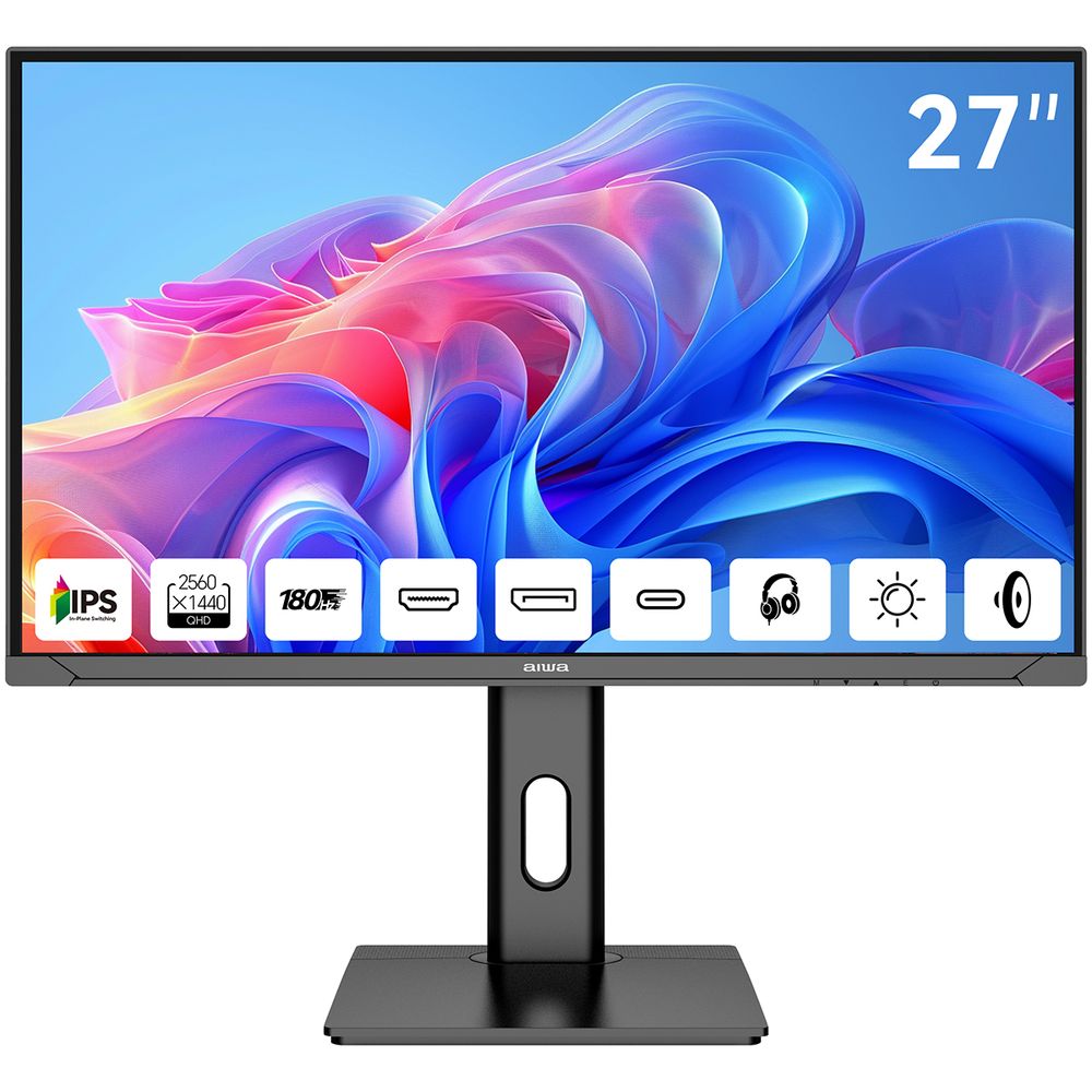 Монитор 27" AIWA MD2714  IPS, 2560x1440, 180Hz, 1ms, 350сd/m, 1200:1, HDR | HDMI(2.0), DP(1.2), Type-C(PD-65W), 2xUSB2.0 | HAS, Pivot, Swivel, ExPSU, Speakers, Vesa 75, Black