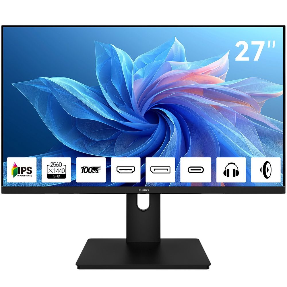 Монитор 27" AIWA MQ272A  IPS, 2560x1440, 100Hz, 4ms, 300сd/m, 1500:1, HDR | HDMI(2.0), DP(1.2), Type-C(PD-15W) | ExPSU, Speakers, Vesa 100, Black