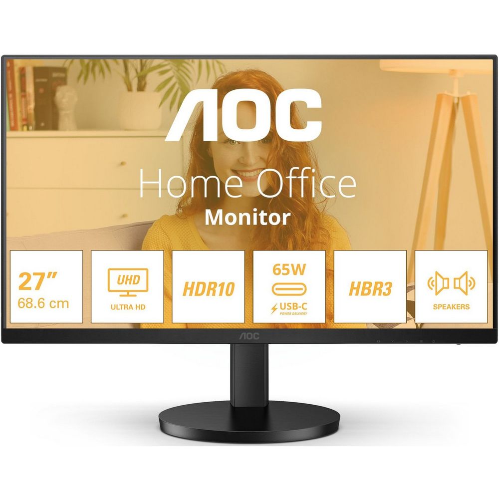 Монитор 27" AOC U27B3CF  IPS, 3840x2160, 60Hz, 4ms, 350сd/m, 1000:1, HDR10 | HDMI(2.0), Type-C(PD-65W), 2xUSB 3.2 | HAS, InPSU, Speakers, Vesa 100, Black