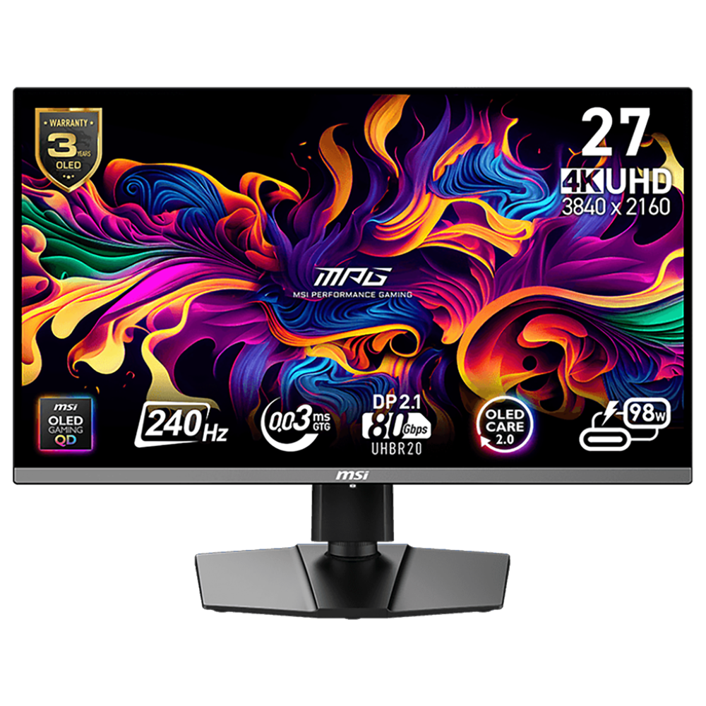 Монитор 26.5" MSI MPG 272URX QD-OLED  QD-OLED, 3840x2160, 240Hz, 0,03ms, 250сd/m, 1500000:1, HDR10 | 2xHDMI(2.1), DP(2.1a), Type-C(PD-98W), 2xUSB3.2 | HAS, Swivel, InPSU, Vesa 100, Black