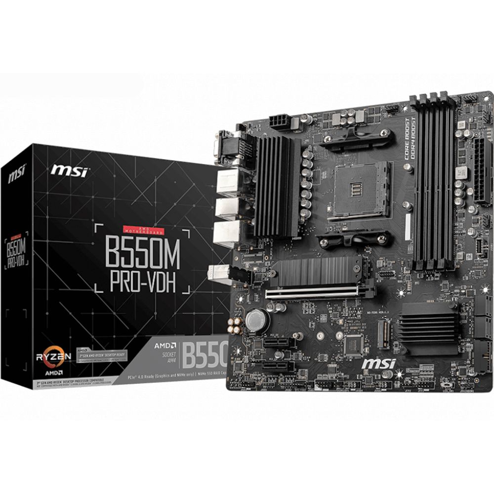 Материнская плата MSI Bad Pack B550M PRO-VDH B550, AM4, 4*DDR4, 1*PCIEx16, 2*PCIEx1, 2*M.2, 1*TypeC, , 6*USB3.2Gen1, 6*USB2.0, 4*SATA3.0, 1G, VGA, DP, HDMI, M-ATX, RTL