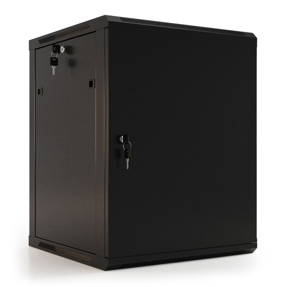 Шкаф Hyperline WRline WR-TW-1245-SR-RAL9004 настенный 19-дюймовый (19"), 12U, 650x600х450мм, цельнометаллическая дверь с замком, цвет черный (RAL9004) (разобранный)