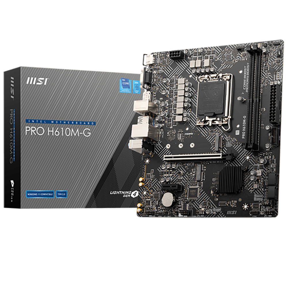 Материнская плата MSI PRO H610M-G H610, LGA1700, 2*DDR5, 1*PCIEx16, 1*PCIEx1, 1*M.2, 4*USB3.2Gen1, 6*USB2.0, 4*SATA3.0, 1G, VGA, DP, HDMI, M-ATX,  BULK