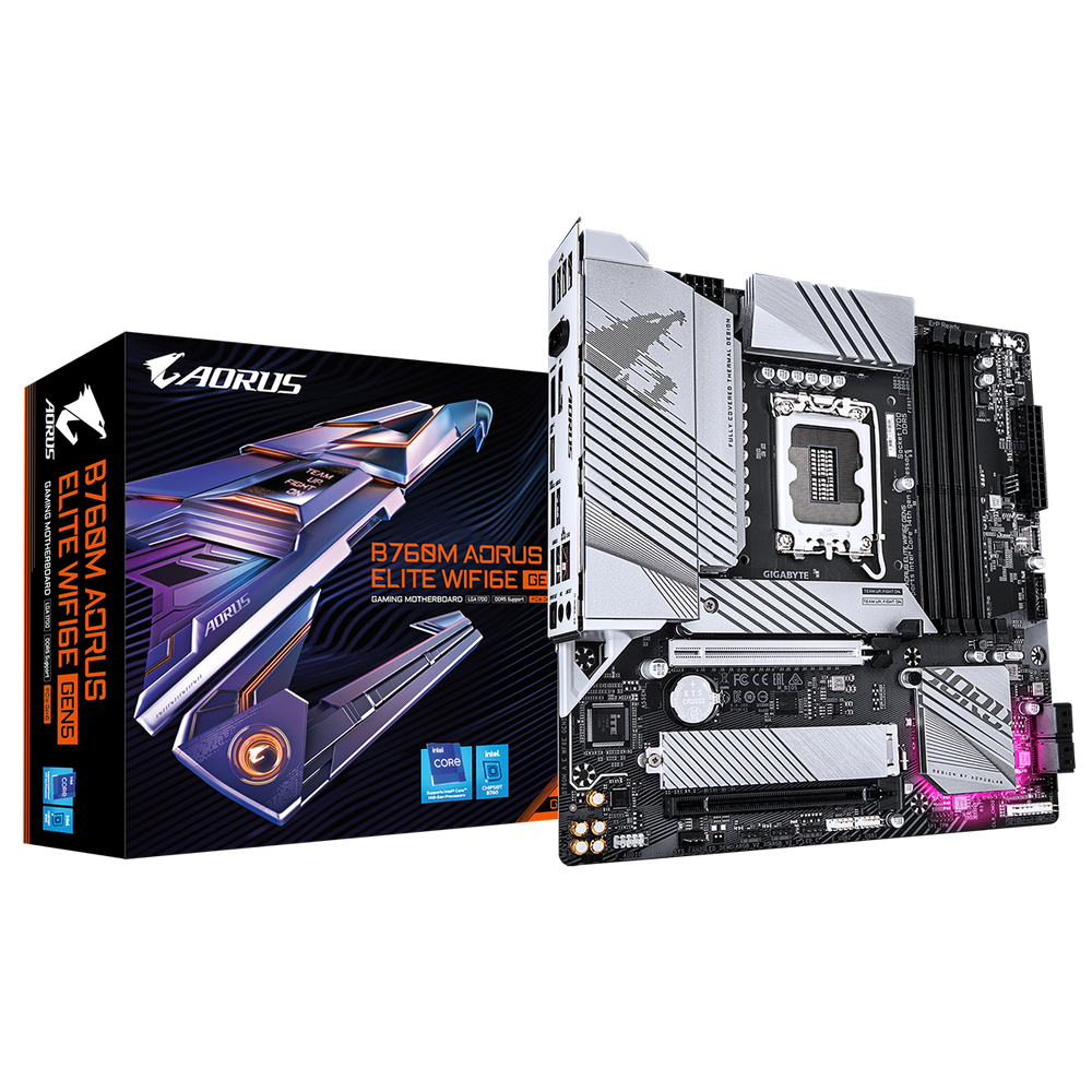 Материнская плата Gigabyte B760M AORUS ELITE WIFI6E GEN5, Socket 1700, Intel®B760, 4xDDR5-4800, HDMI+DP, 2xPCI-Ex16, 4xSATA3(RAID 0/1/5/10), 2xM.2, 8Ch Audio, 1x2.5GLan, WiFi, (4+4)xUSB2.0, (4+2)xUSB3.2, (1+1)xUSB3.2 Type-C™, mATX, RTL