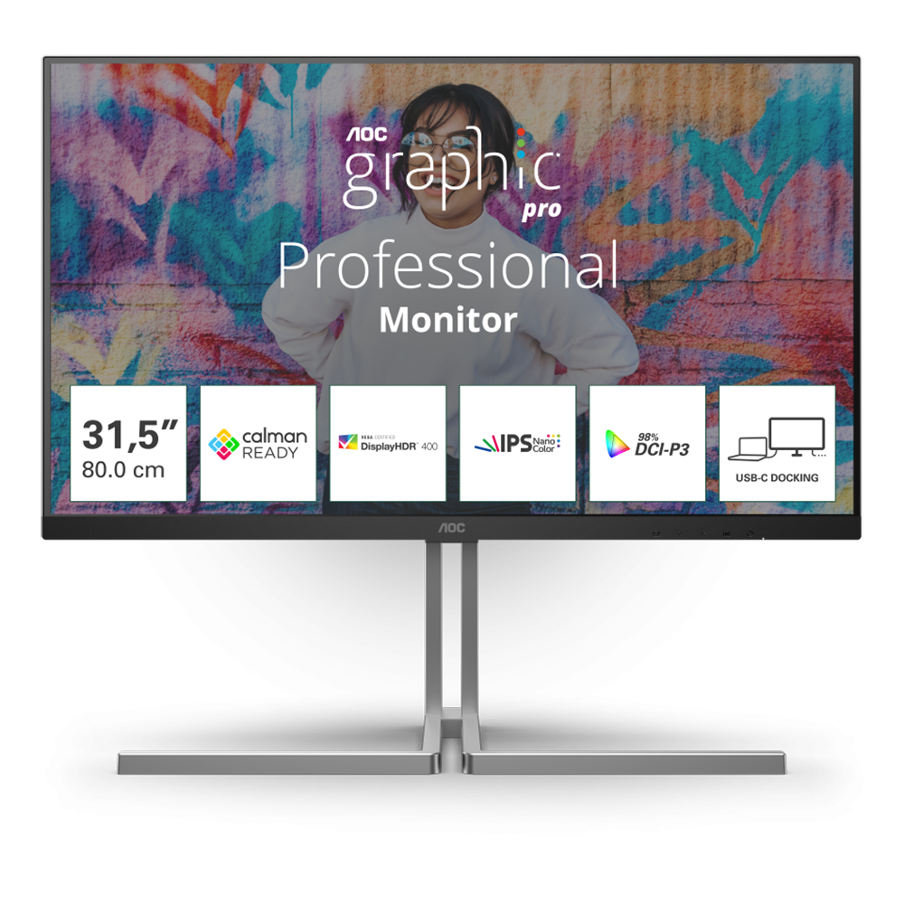Монитор 31.5" AOC U32U3CV  IPS, 3840x2160, 60Hz, 4ms, 400сd/m, 1000:1, HDR10 | 2xHDMI(2.0), DP(1.4), Type-C(PD-96W), 4xUSB 3.2, RJ45 | HAS, InPSU, Speakers, Vesa 100, Black/Grey