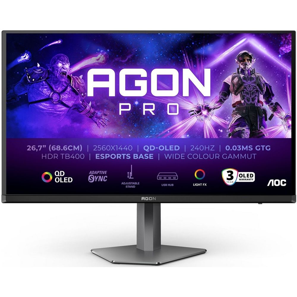 Монитор 26.5" AOC AGON AG276QZD2  QD-OLED, 2560x1440, 240Hz, 0,03ms, 1000сd/m, 1500000:1, HDR10 | 2xHDMI(2.1), 2xDP(1.4), 2xUSB 3.2 | HAS, Pivot, Swivel, ExPSU, Speakers, Vesa 100, Black/Grey