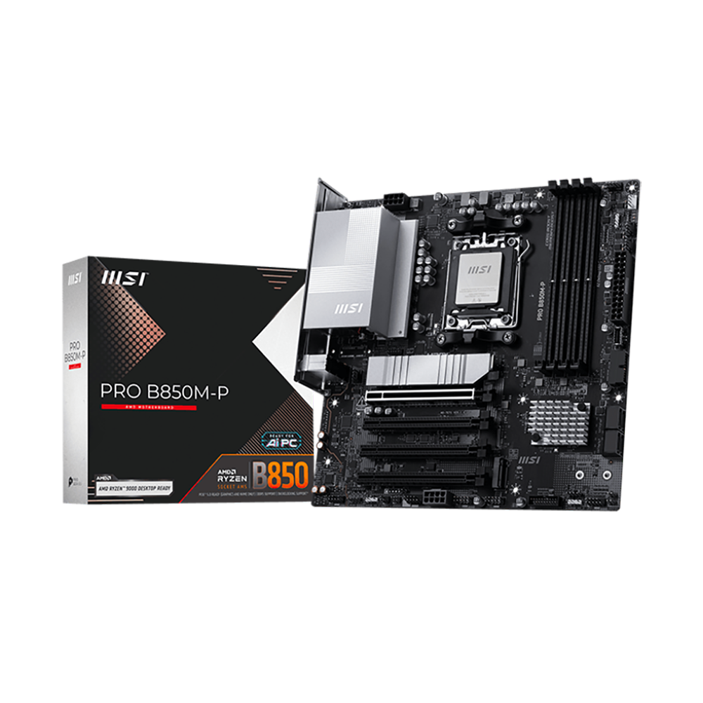 Материнская плата MSI PRO B850M-P B850, AM5, 4*DDR5, 4*PCIEx16, 3*M.2, 2*TypeC, 1*USB3.2Gen2, 6*USB3.2Gen1, 8*USB2.0, 4*SATA3.0, 5G, DP, HDMI, M-ATX, RTL