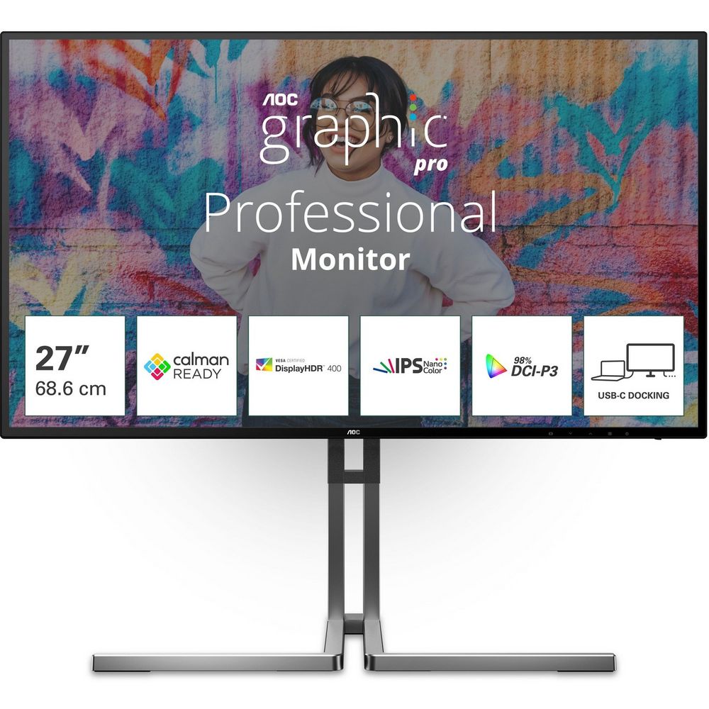 Монитор 27" AOC U27U3CV  Nano IPS, 3840x2160, 60Hz, 4ms, 400сd/m, 1300:1, HDR10 | 2xHDMI(2.0), DP(1.4), Type-C(PD-96W), 4xUSB 3.2, RJ45 | HAS, Pivot, Swivel, InPSU, Speakers, Vesa 100, Black
