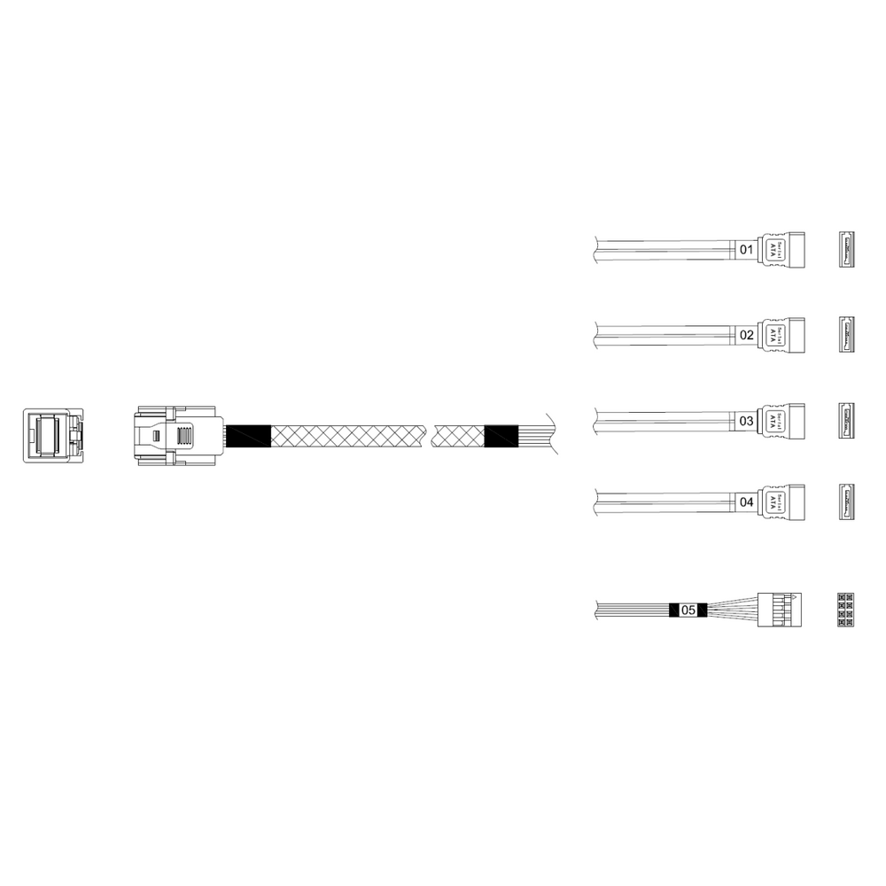 Кабель Miradeed  MD-6715030,  HDmSAS SFF8643 -to- 4*SATA + SideBand, 12G, 85 Ohm, 100cm