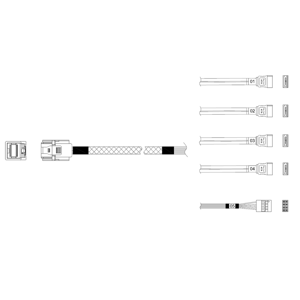 Кабель Miradeed  MD-6715031, HDmSAS SFF8643 -to- 4*SATA + SideBand, 12G, 85 Ohm, 80cm