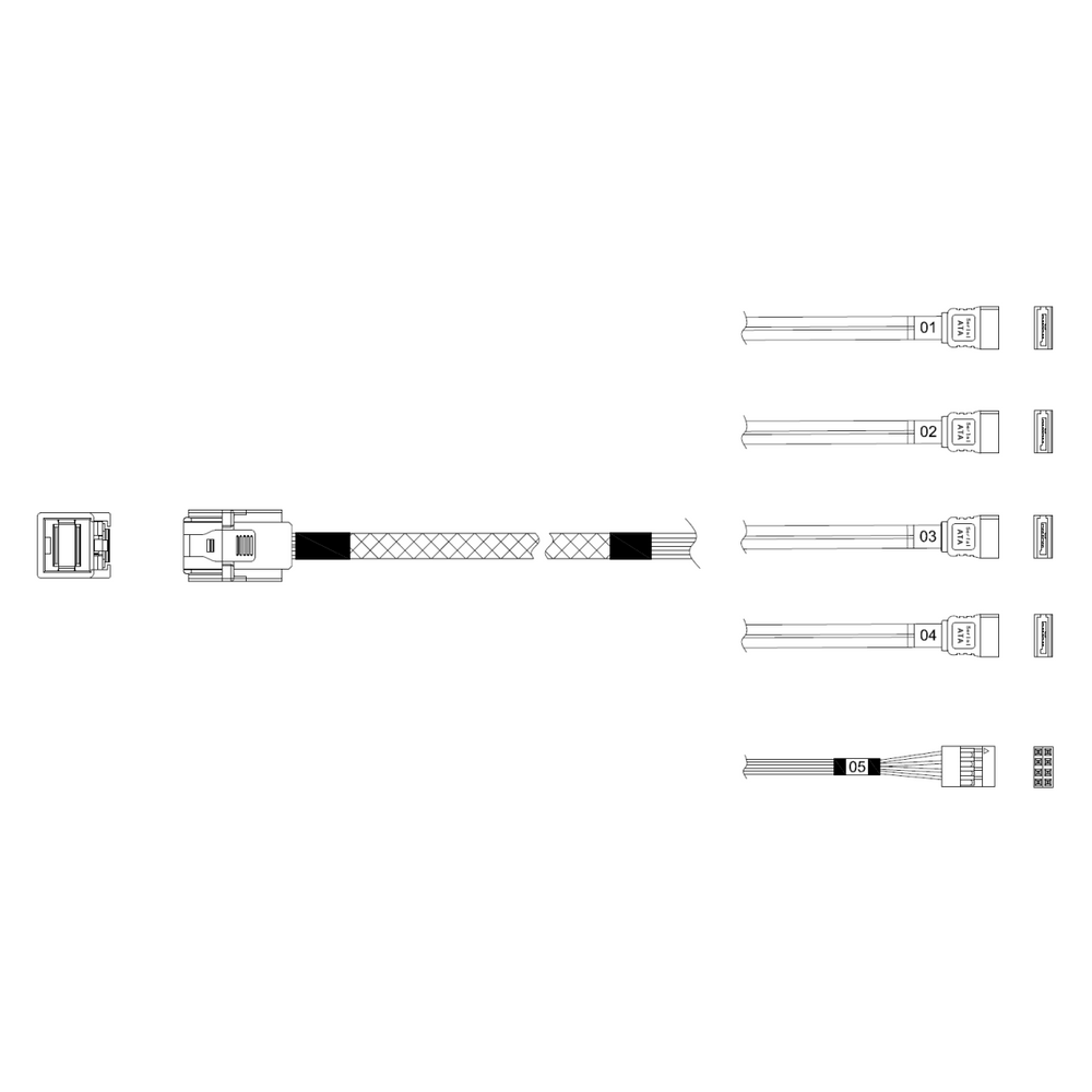 Кабель Miradeed  MD-6715032, HDmSAS SFF8643 -to- 4*SATA + SideBand, 12G, 85 Ohm, 60cm