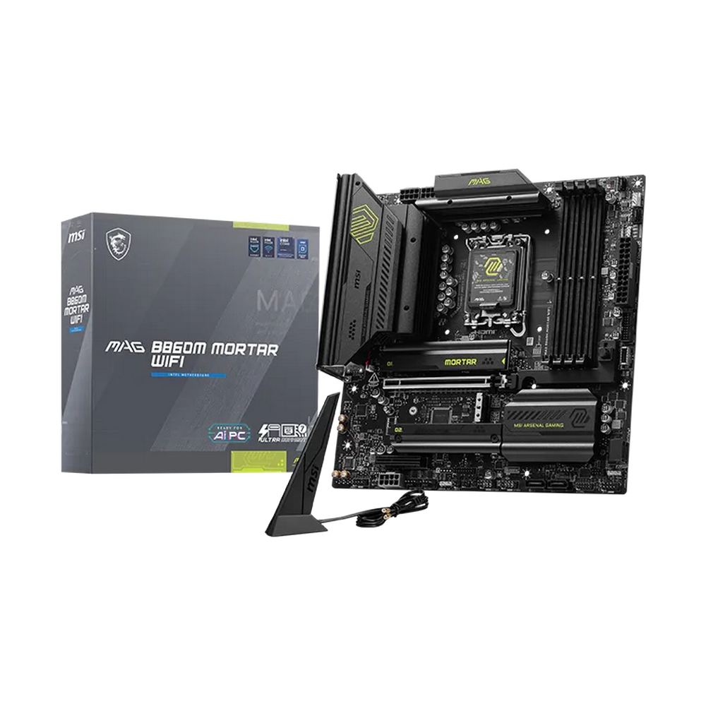 Материнская плата MSI MAG B860M MORTAR WIFI B860, LGA1851, 4*DDR5, 1*PCIEx16, 1*PCIEx4, 3*M.2, 2*TypeC, 3*USB3.2Gen2, 2*USB3.2 Gen1, 8*USB2.0, 4*SATA3.0, 5G, Type-C(DP), DP, HDMI, M-ATX, RTL