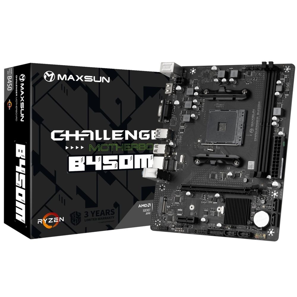 Материнская плата Maxsun MS-Challenger B450M AM4, B450, 2xDDR4, 1*PCIEx16, 1*PCIEx1, 1*M.2, 4*USB3.2Gen1, 4*USB2.0, 4*SATA3.0, 1G, VGA, HDMI, M-ATX, RTL