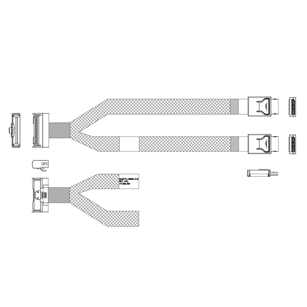 Кабель DiliVing DLMC74-6658  Cable MCIO x8 74P (прямой)  -TO-  2x OCuLink x4 42P (прямой) , 85 Ohm, PCIe 4.0, L:80cm (CMC11)