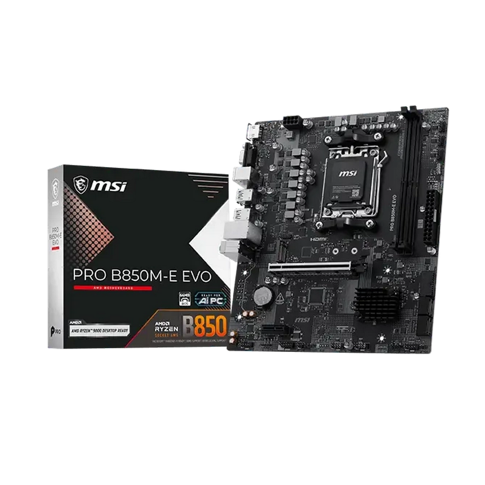 Материнская плата MSI PRO B850M-E EVO B850, AM5, 2*DDR5, 1*PCIEx16, 1*PCIEx1, 1*M.2, 6*USB3.2Gen1, 6*USB2.0, 4*SATA3.0, 2.5G, VGA, HDMI, M-ATX, RTL