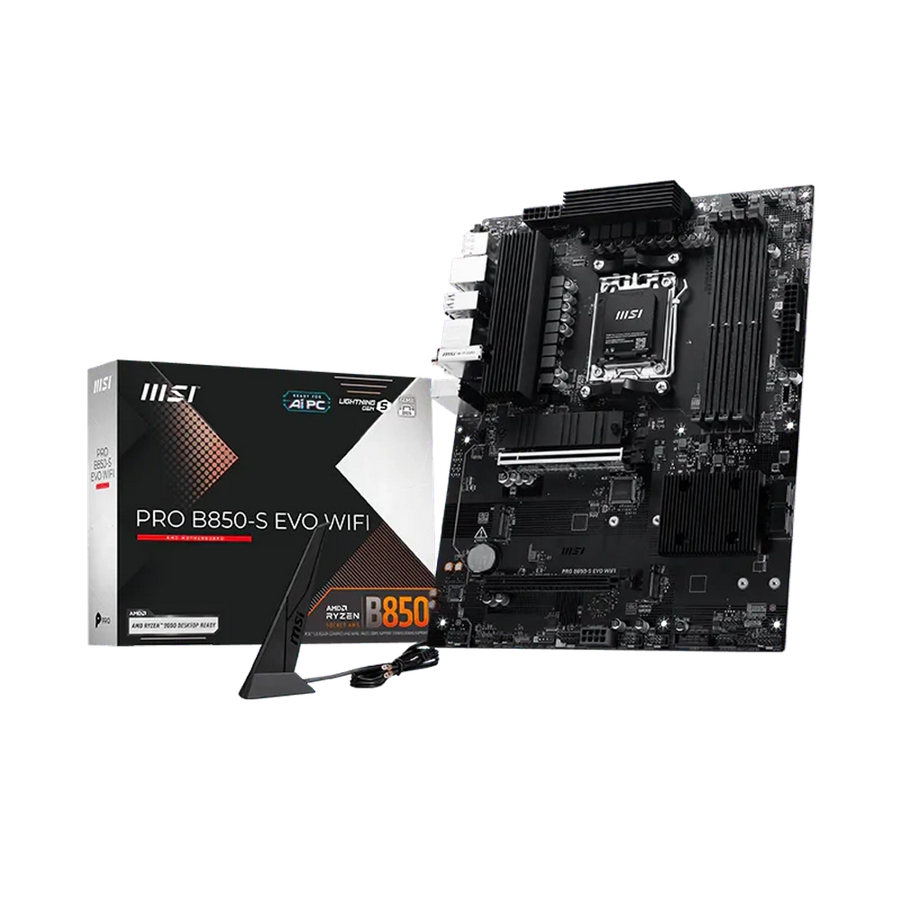 Материнская плата MSI PRO B850-S EVO WIFI B850, AM5, 4*DDR5, 2*PCIEx16, 3*M.2, 2*TypeC, 2*USB3.2Gen2, 4*USB3.2Gen1, 8*USB2.0, 4*SATA3.0, 5G, DP, HDMI, ATX, RTL