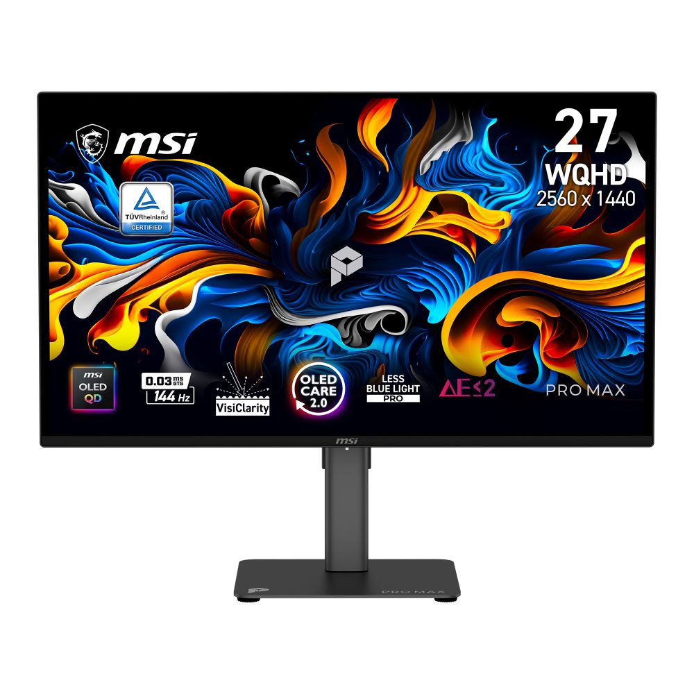 Монитор 26.5" MSI PRO MAX 271QPX14G  QD-OLED, 2560x1440, 144Hz, 0,03ms, 250сd/m, 1500000:1 | 2xHDMI(2.1), DP(1.4a), Type-C(PD-15W) | HAS, Pivot, Swivel, InPSU, Speakers, Vesa 100, Black