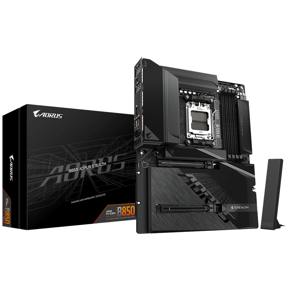 Материнская плата AORUS B850 AORUS STEALTH B850, AM5, 4*DDR5, 2*PCIEx16, 4*M.2, 2*TypeC, 2*USB3.2Gen2, 6*USB3.2Gen1, 8*USB2.0, 2*SATA3.0, 5G, HDMI, ATX, RTL