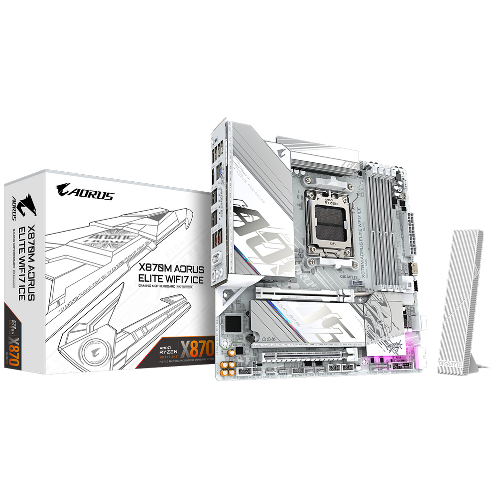 Материнская плата Gigabyte X870M AORUS ELITE WIFI7 ICE X870, AM5, 4*DDR5, 2*PCIEx16, 2*M.2, 1*TypeC, 2*USB3.2Gen2, 6*USB3.2Gen1, 8*USB2.0, 2*SATA3.0, 2.5G, 2*TypeC(DP), HDMI, M-ATX, RTL