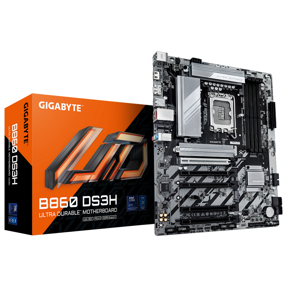 Материнская плата Gigabyte B860 DS3H B860, LGA1851, 4*DDR5, 5*PCIEx16, 2*M.2, 2*TypeC, 1*USB3.2Gen2, 2*USB3.2Gen1, 8*USB2.0, 4*SATA3.0, 2.5G, DP, HDMI, ATX, RTL