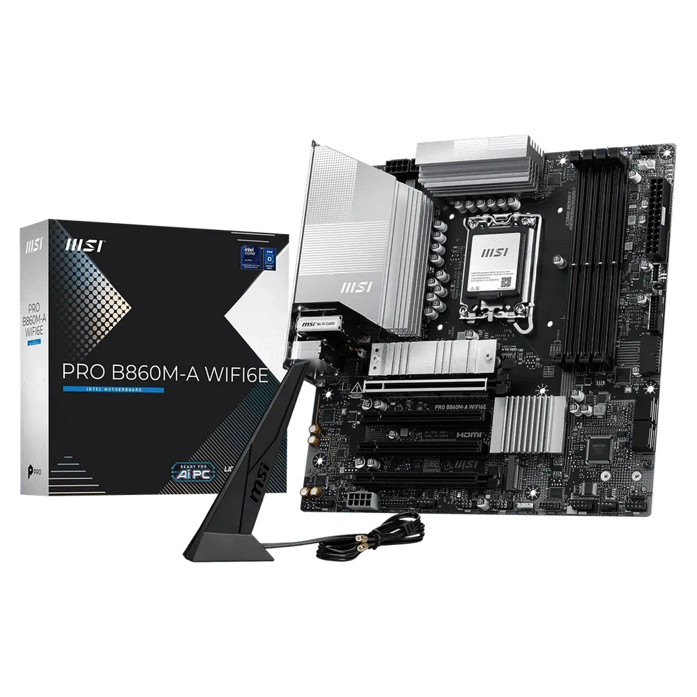 Материнская плата MSI PRO B860M-A WIFI6E B860, LGA1851, 4*DDR5, 4*PCIEx16, 3*M.2, 2*TypeC, 1*USB3.2Gen2, 6*USB3.2Gen1, 6*USB2.0, 4*SATA3.0, 5G, Type-C(DP), DP, HDMI, M-ATX, RTL