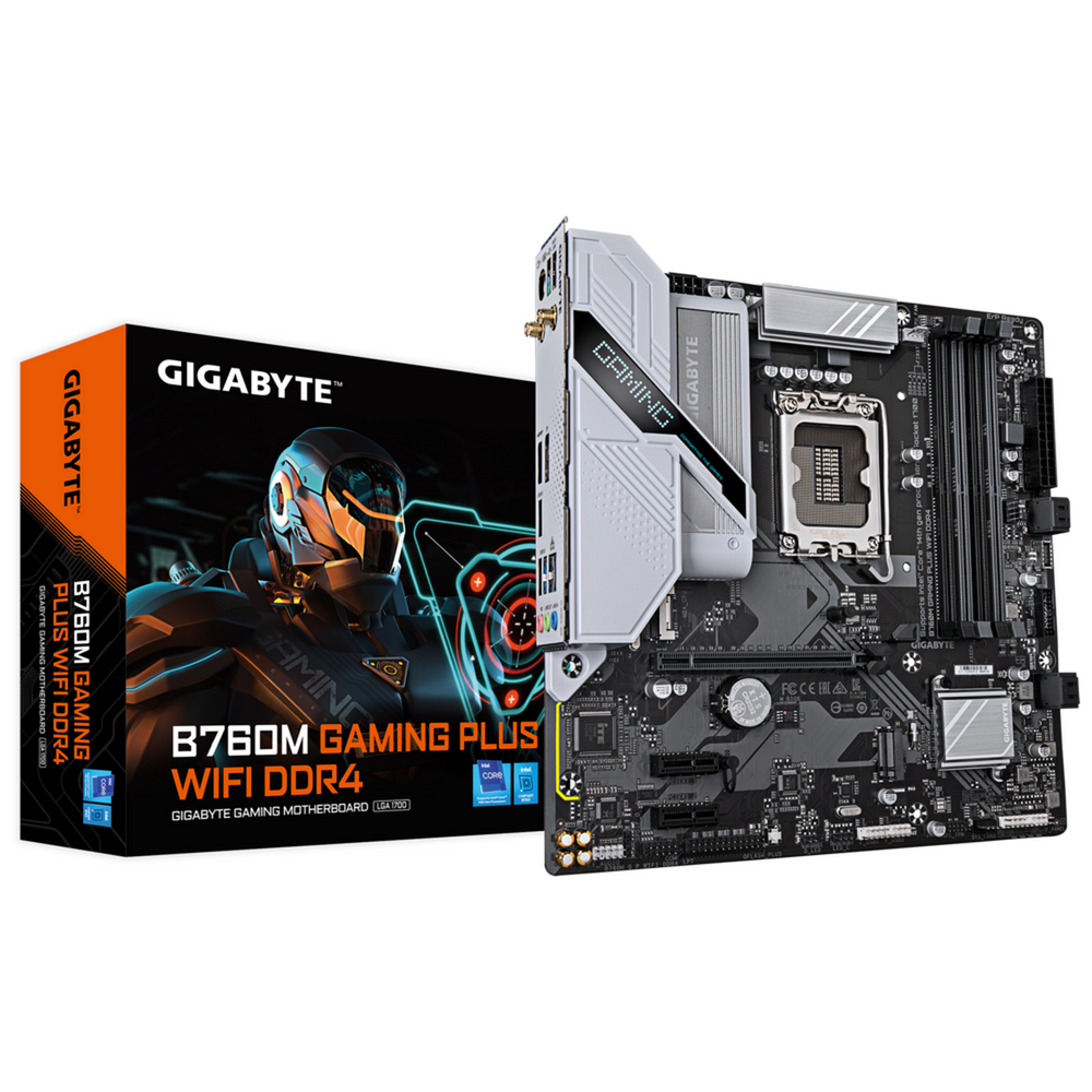 Материнская плата Gigabyte Bad Pack B760M GAMING PLUS WIFI DDR4, Socket 1700, Intel®B760, 2xDDR4-3200, HDMI+DP, 1xPCI-Ex16, 2xPCI-Ex1, 4xSATA3(RAID 0/1/5/10), 2xM.2, 8Ch Audio, GLan, WiFi, (4+4)xUSB2.0, (3+2)xUSB3.2, (0+1)xUSB3.2 Type-C™, 1xPS/2, mATX, RTL bp