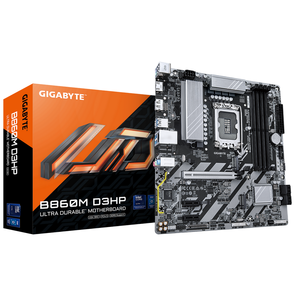 Материнская плата Gigabyte Bad Pack B860M D3HP, Socket 1851, Intel®B860, 4xDDR5-6400, HDMI+DP, 1xPCI-Ex16, 2xPCI-Ex1, 4xSATA3(RAID 0/1/5/10), 2xM.2, 8Ch Audio, GLan, (2+4)xUSB2.0, (3+2)xUSB3.2, (0+1)xUSB Type-C™, 1xPS/2, mATX, RTL bp