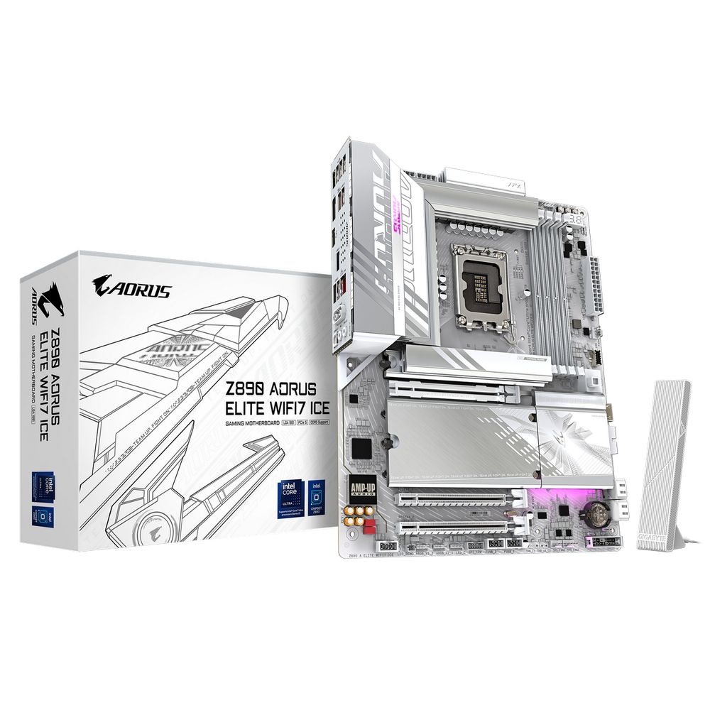 Материнская плата Gigabyte Bad Pack Z890 AORUS ELITE WIFI7 ICE, Socket 1851, Intel®Z890, 4xDDR5-6400, DP, 3xPCI-Ex16, 4xSATA3(RAID 0/1/5/10), 4xM.2, 8Ch Audio, 1x2.5GbLan, WiFi, (4+4)xUSB2.0, (5+2)xUSB3.2, (1+1)xUSB Type-C™, ATX, RTL bp