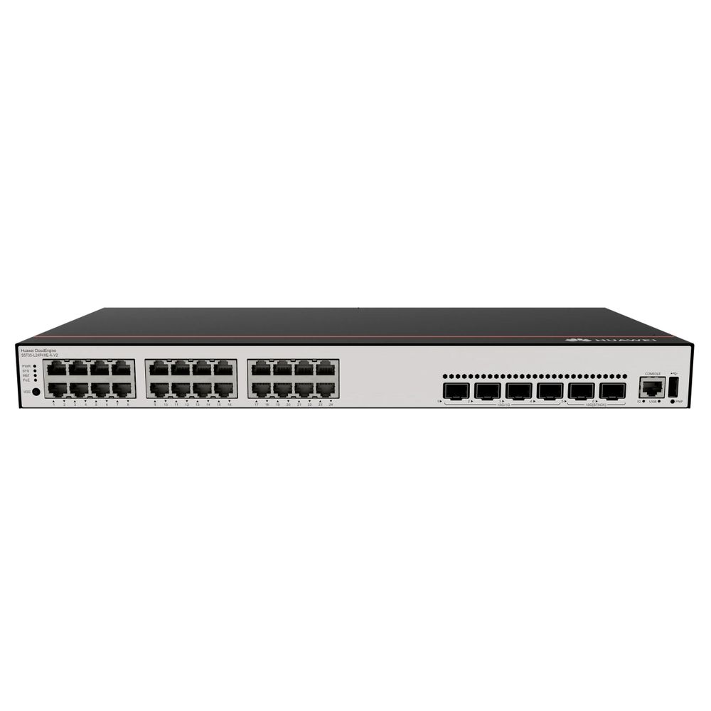 Коммутатор Huawei S5735-L24P4XE-A-V2  (24*10/100/1000BASE-T ports, 4*10GE SFP+ ports, 2*12GE stack ports, PoE+, AC power), L-MLIC-S57L